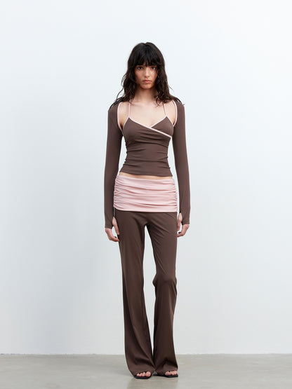 AFTADAWN Cool Feel V-neck Long Sleeve Mesh Top With Contrast Trim And Flared Trousers Set