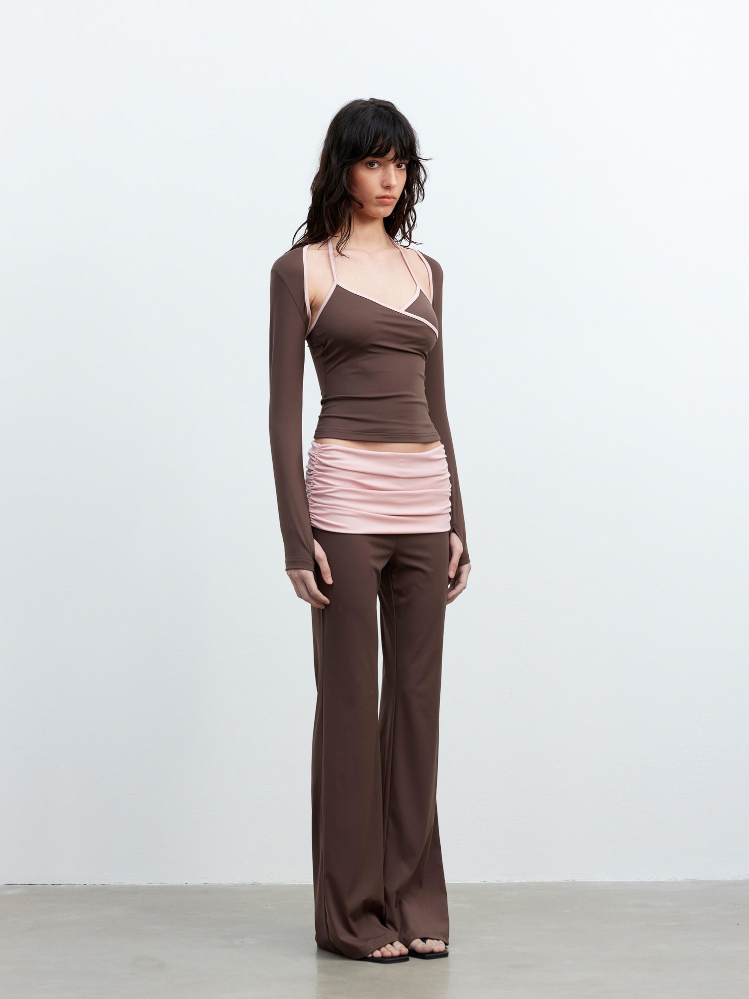 AFTADAWN Cool Feel V-neck Long Sleeve Mesh Top With Contrast Trim And Flared Trousers Set