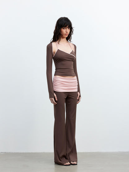 AFTADAWN Cool Feel V-neck Long Sleeve Mesh Top With Contrast Trim And Flared Trousers Set