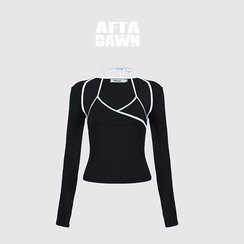 AFTADAWN_Cool_Feel_V-neck_Long_Sleeve_Mesh_Top_With_Contrast_Trim_And_Flared_Trousers_Set_MISSTT