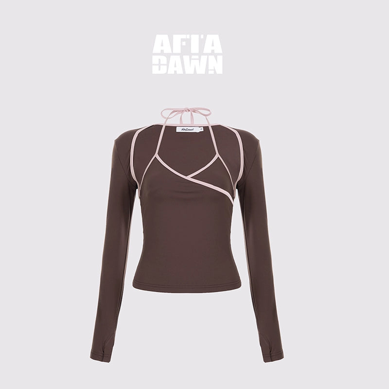 AFTADAWN_Cool_Feel_V-neck_Long_Sleeve_Mesh_Top_With_Contrast_Trim_And_Flared_Trousers_Set_MISSTT