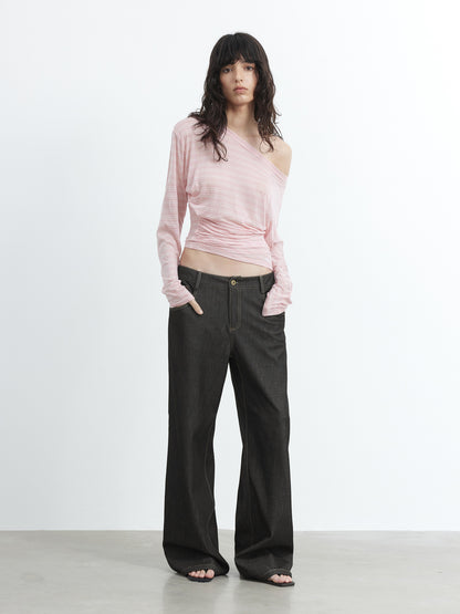 AFTADAWN Cool Sense Asymmetrical Pleated Stripe V-neck T-shirt Long Sleeve