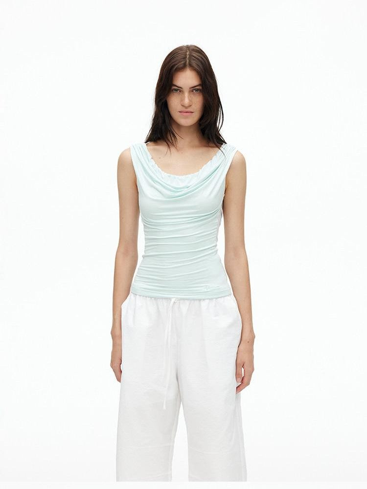 AFTADAWN Cooling Silky Backless Cowl Neck Detachable Chain Ruched Women&