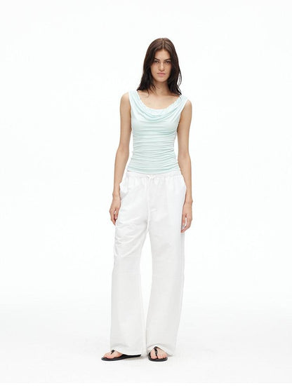AFTADAWN Cooling Silky Backless Cowl Neck Detachable Chain Ruched Women&