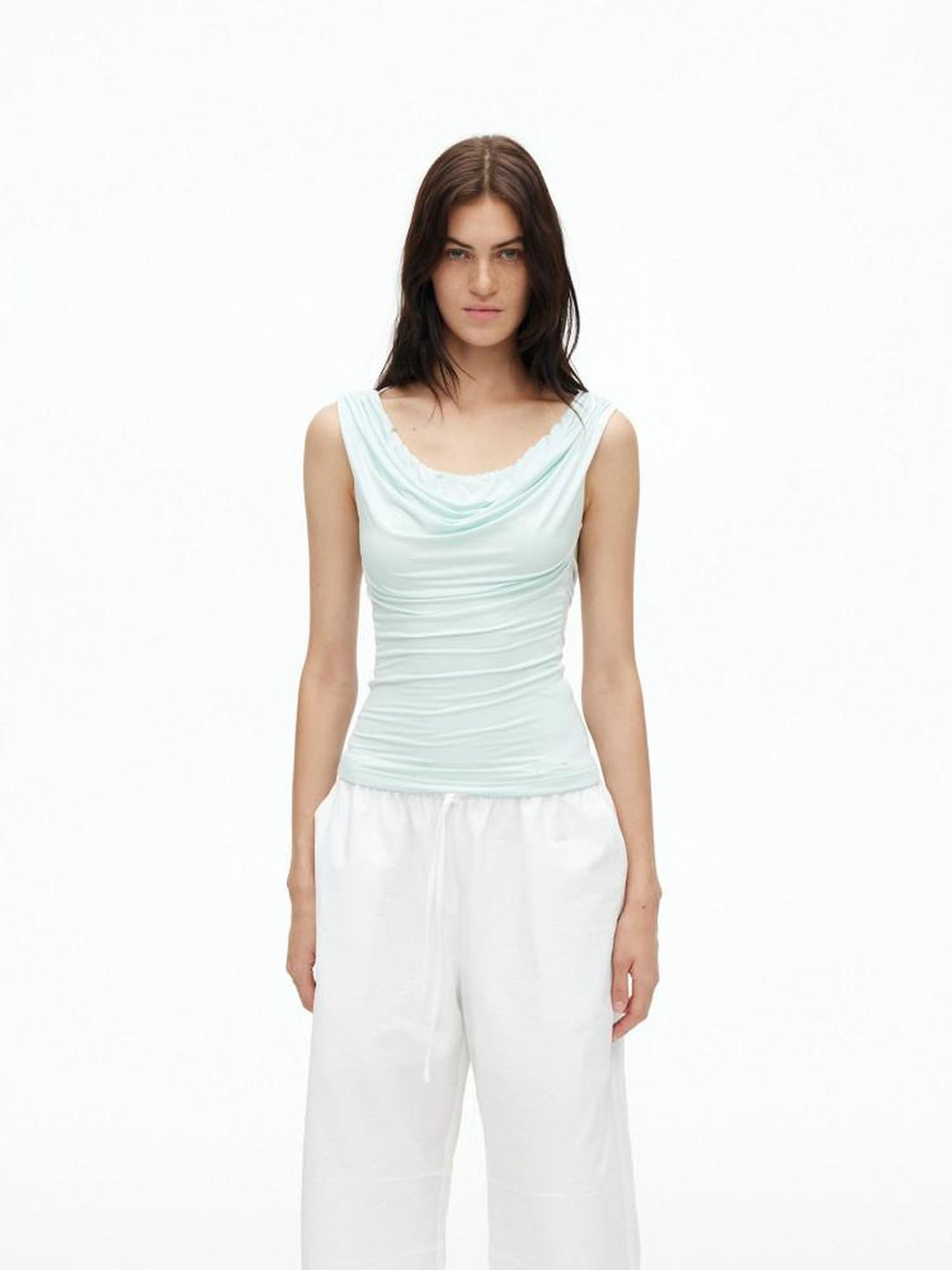 AFTADAWN Cooling Silky Backless Cowl Neck Detachable Chain Ruched Women&