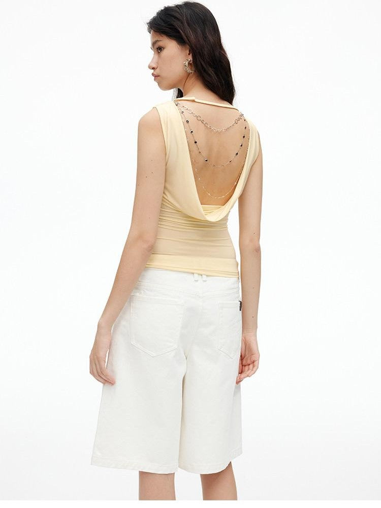 AFTADAWN Cooling Silky Backless Cowl Neck Detachable Chain Ruched Women&