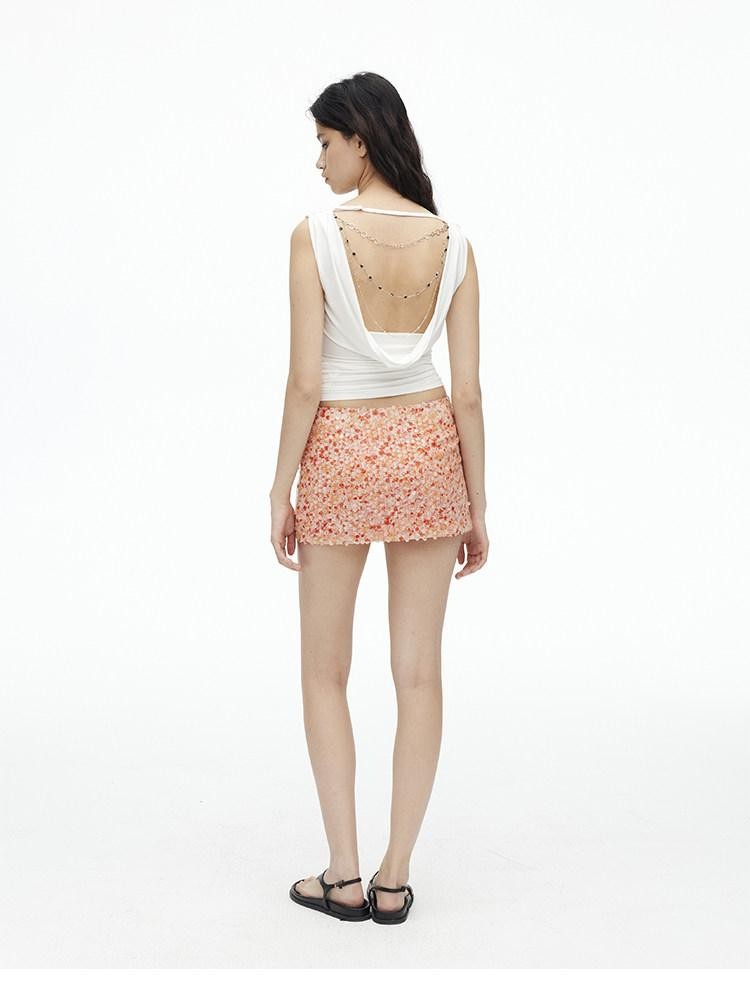 AFTADAWN Cooling Silky Backless Cowl Neck Detachable Chain Ruched Women&