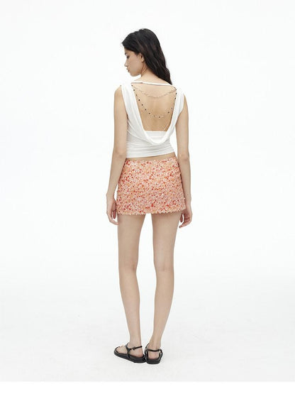 AFTADAWN Cooling Silky Backless Cowl Neck Detachable Chain Ruched Women&