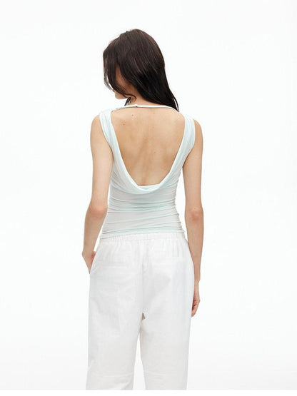 AFTADAWN Cooling Silky Backless Cowl Neck Detachable Chain Ruched Women&