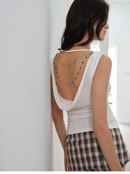 AFTADAWN Cooling Silky Backless Cowl Neck Detachable Chain Ruched Women&