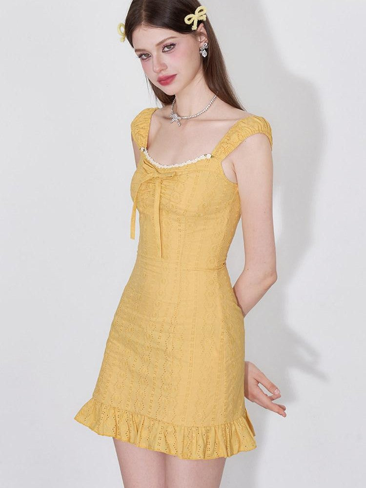 AFTADAWN Coral Orange Cutout Embroidery Ruffle Flutter Women&