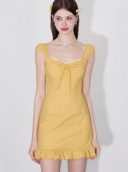 AFTADAWN Coral Orange Cutout Embroidery Ruffle Flutter Women&