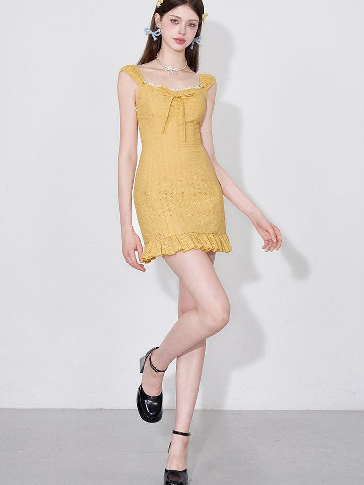 AFTADAWN Coral Orange Cutout Embroidery Ruffle Flutter Women&