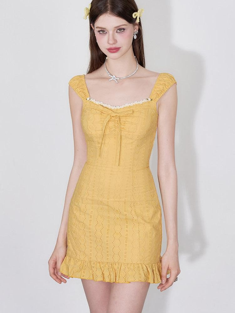 AFTADAWN Coral Orange Cutout Embroidery Ruffle Flutter Women&