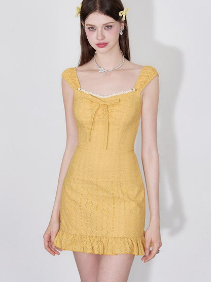 AFTADAWN Coral Orange Cutout Embroidery Ruffle Flutter Women&