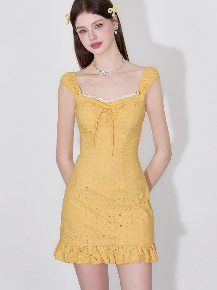 AFTADAWN Coral Orange Cutout Embroidery Ruffle Flutter Women&
