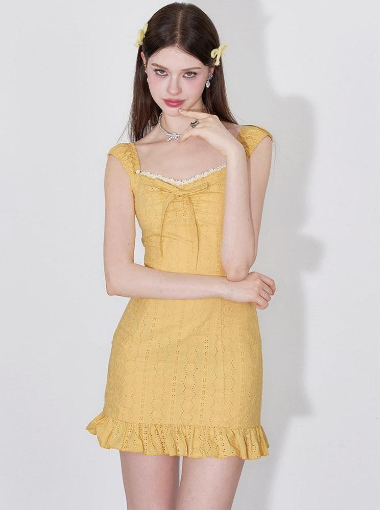 AFTADAWN Coral Orange Cutout Embroidery Ruffle Flutter Women&