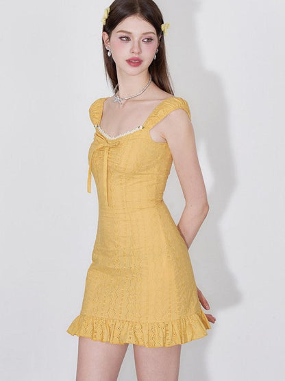 AFTADAWN Coral Orange Cutout Embroidery Ruffle Flutter Women&