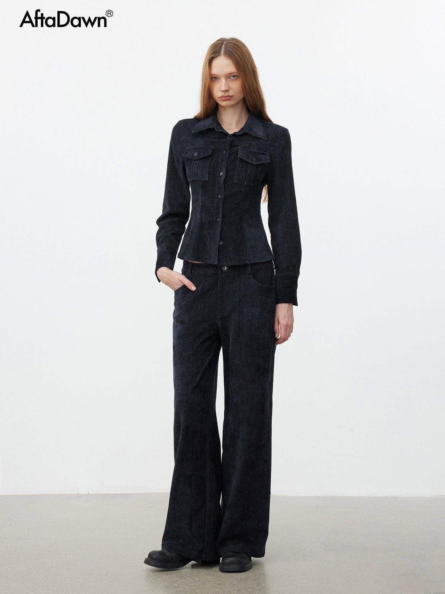 AFTADAWN Corduroy Rib Turn Down Collar Women&