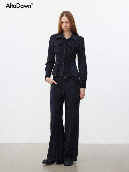 AFTADAWN Corduroy Rib Turn Down Collar Women&