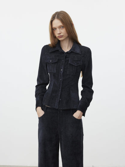 AFTADAWN Corduroy Rib Turn Down Collar Women&