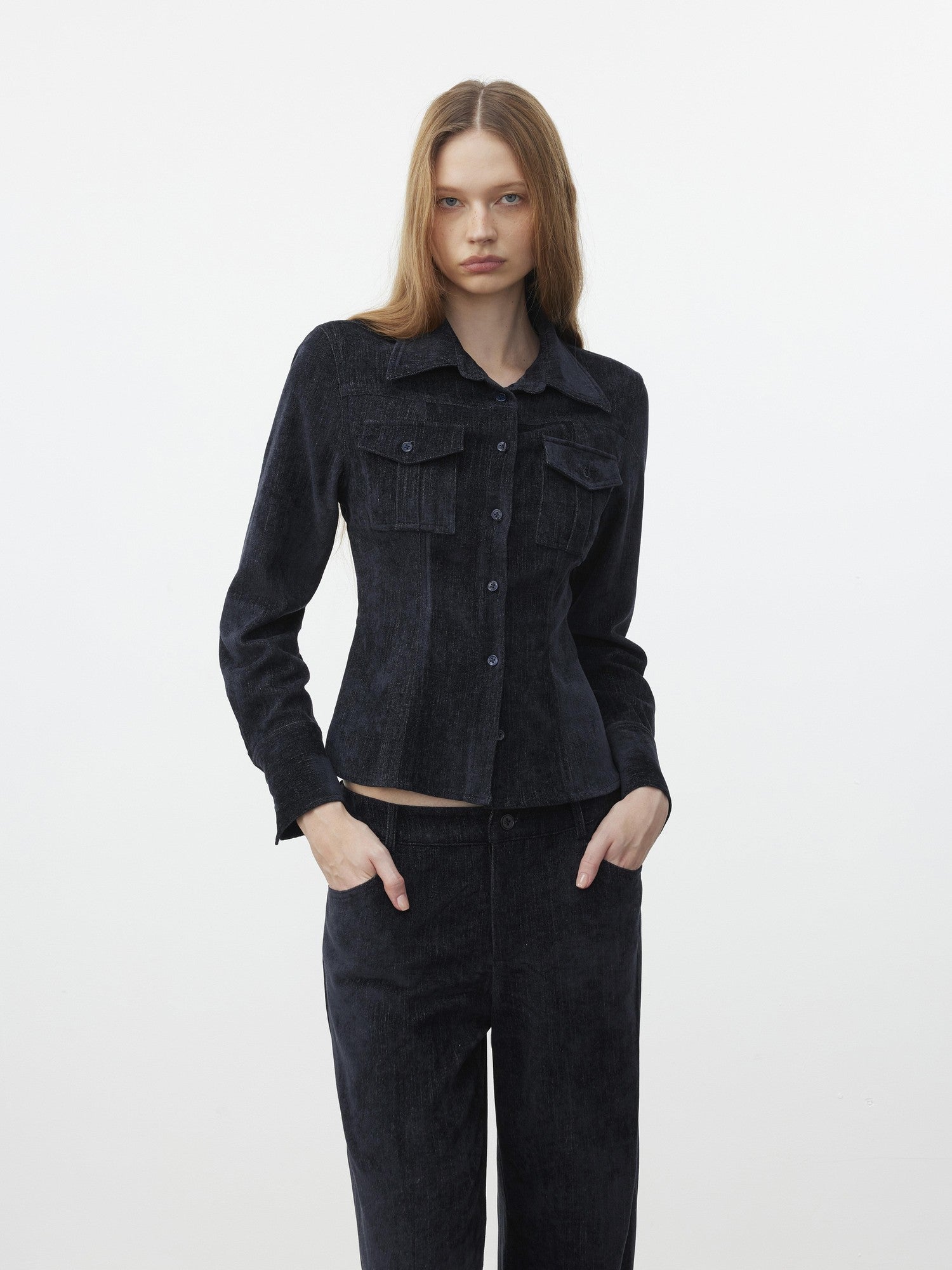AFTADAWN Corduroy Rib Turn Down Collar Women&