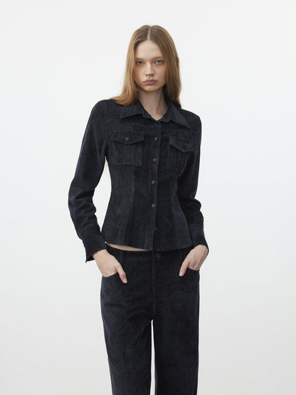 AFTADAWN Corduroy Rib Turn Down Collar Women&