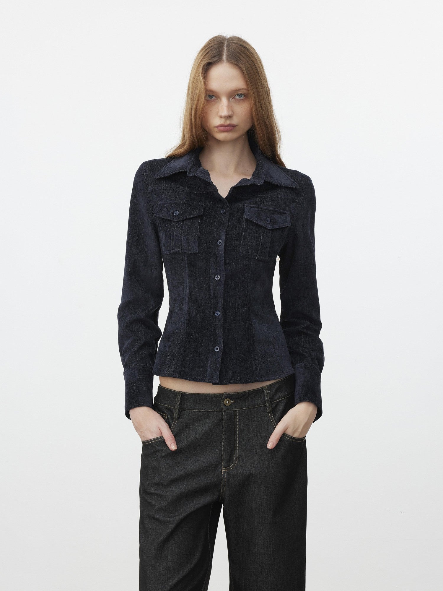 AFTADAWN Corduroy Rib Turn Down Collar Women&