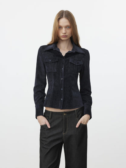 AFTADAWN Corduroy Rib Turn Down Collar Women&