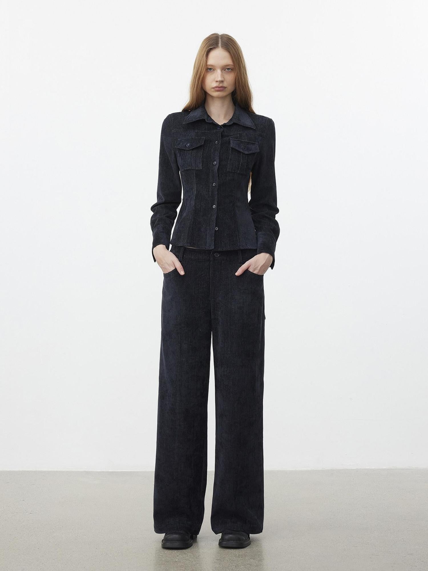 AFTADAWN Corduroy Rib Turn Down Collar Women&