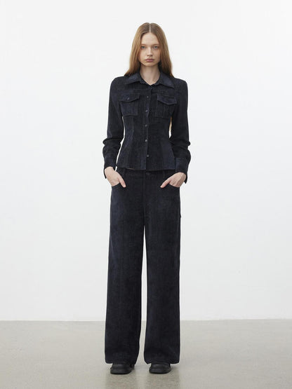 AFTADAWN Corduroy Rib Turn Down Collar Women&