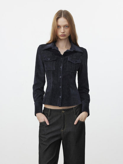 AFTADAWN Corduroy Rib Turn Down Collar Women&