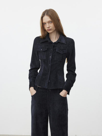 AFTADAWN Corduroy Rib Turn Down Collar Women&