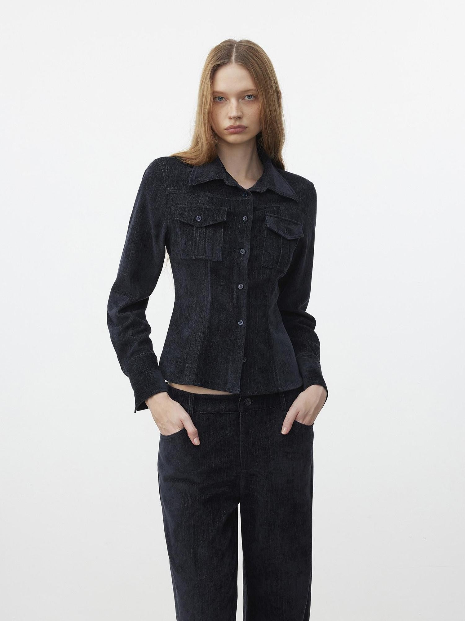 AFTADAWN Corduroy Rib Turn Down Collar Women&