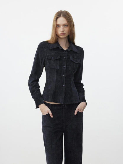 AFTADAWN Corduroy Rib Turn Down Collar Women&