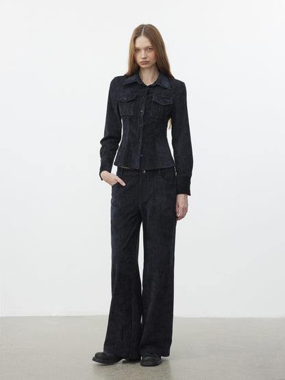 AFTADAWN Corduroy Rib Turn Down Collar Women&