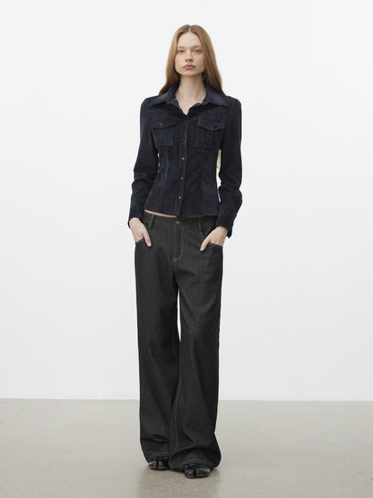 AFTADAWN Corduroy Rib Turn Down Collar Women&