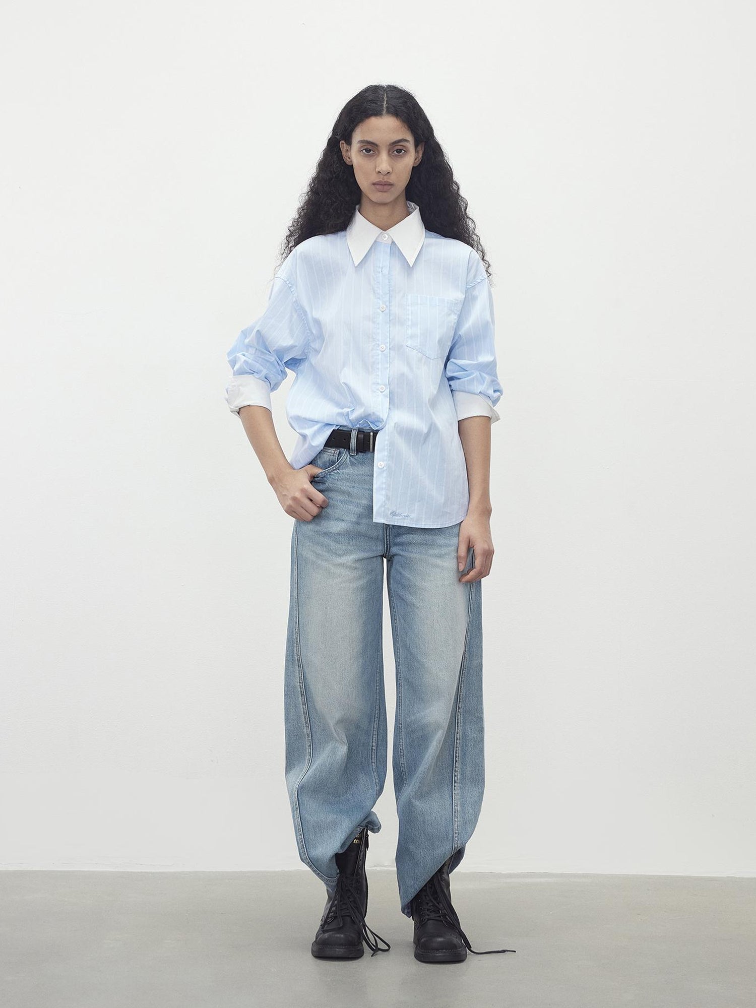 AFTADAWN Cotton Blend Striped Oversized Shirt with Detachable Tie