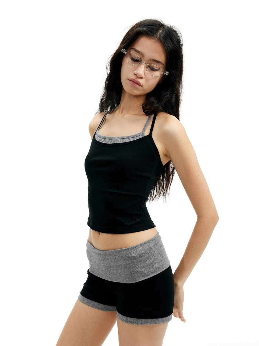 AFTADAWN Cotton Feel Knitted Back Cami Contrast Waistband Shorts Set