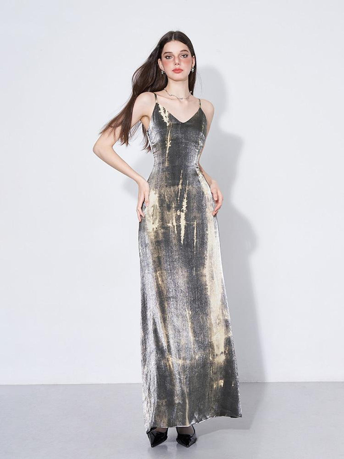 AFTADAWN Cracked Renaissance Vintage Ombre V-Neck Slip Dress