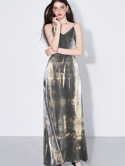 AFTADAWN Cracked Renaissance Vintage Ombre V-Neck Slip Dress