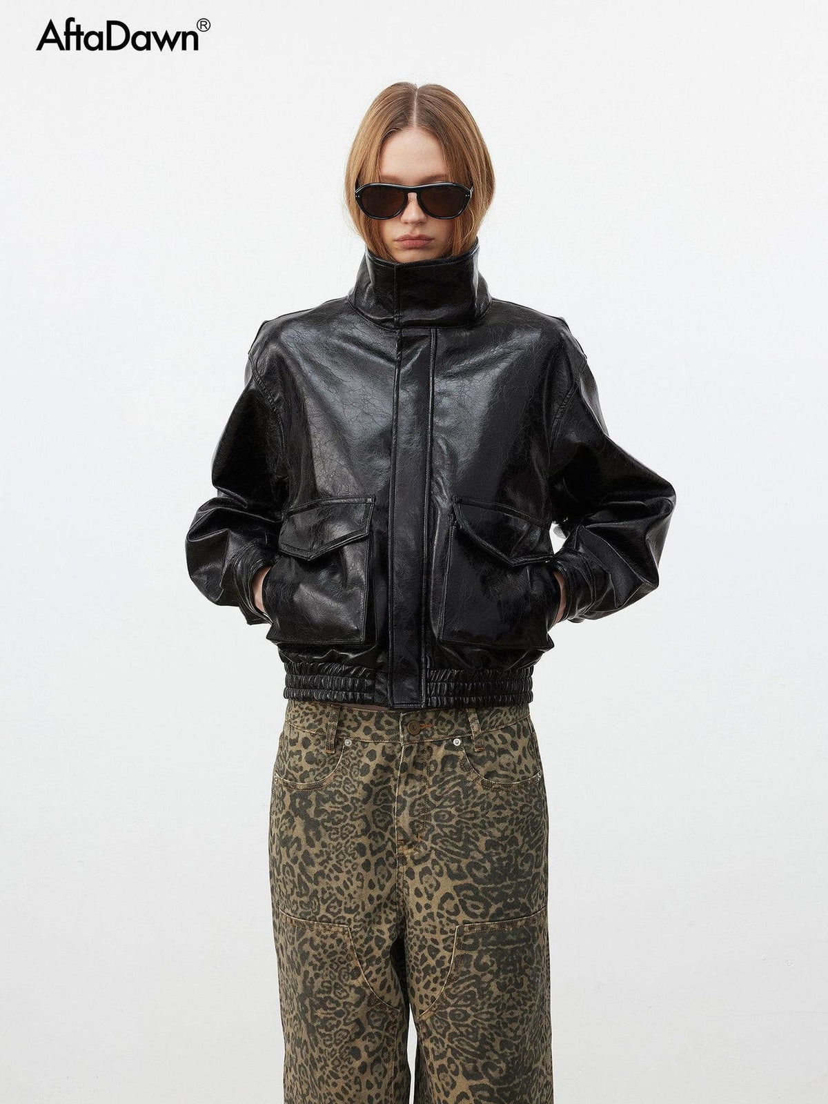 AFTADAWN Cracked Texture Moto Quilted Zip Up Women&