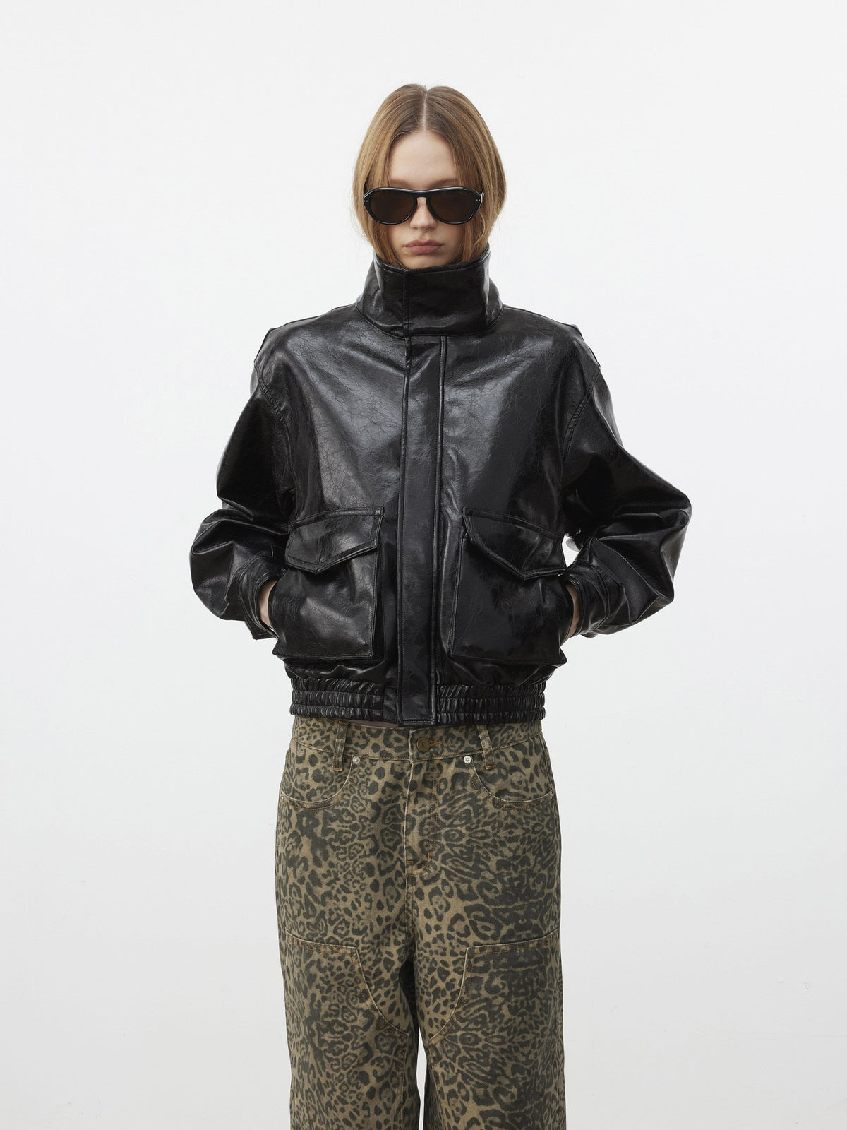 AFTADAWN Cracked Texture Moto Quilted Zip Up Women&