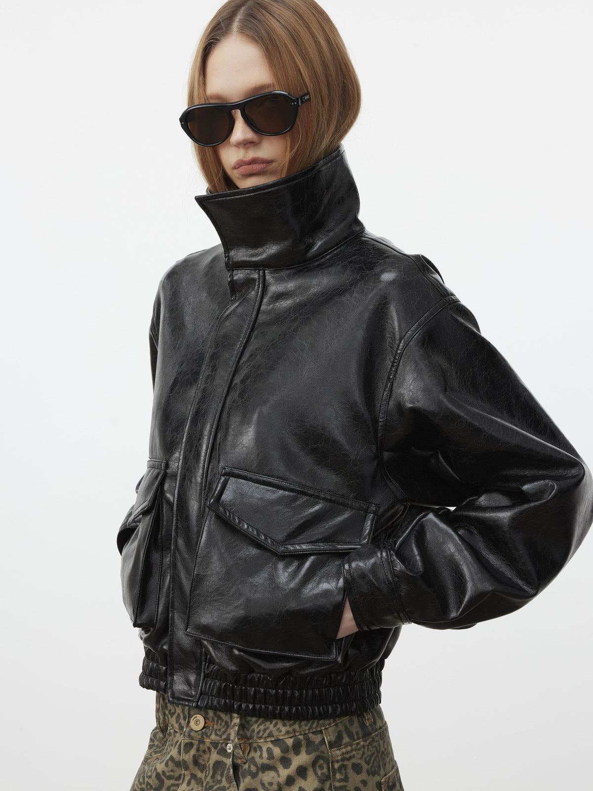 AFTADAWN Cracked Texture Moto Quilted Zip Up Women&