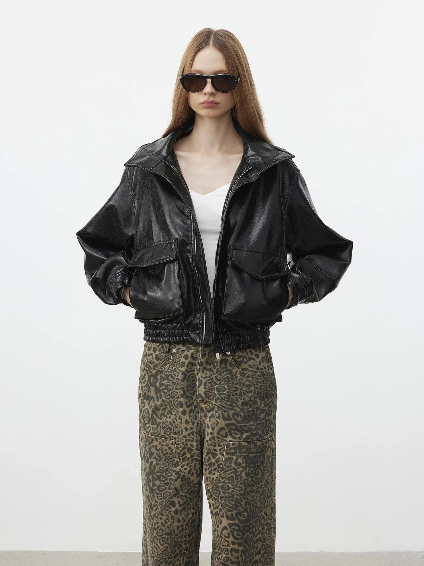 AFTADAWN Cracked Texture Quilted Pu Jacket Jacket