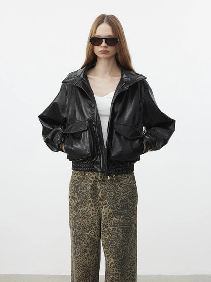 AFTADAWN Cracked Texture Quilted Pu Jacket Jacket