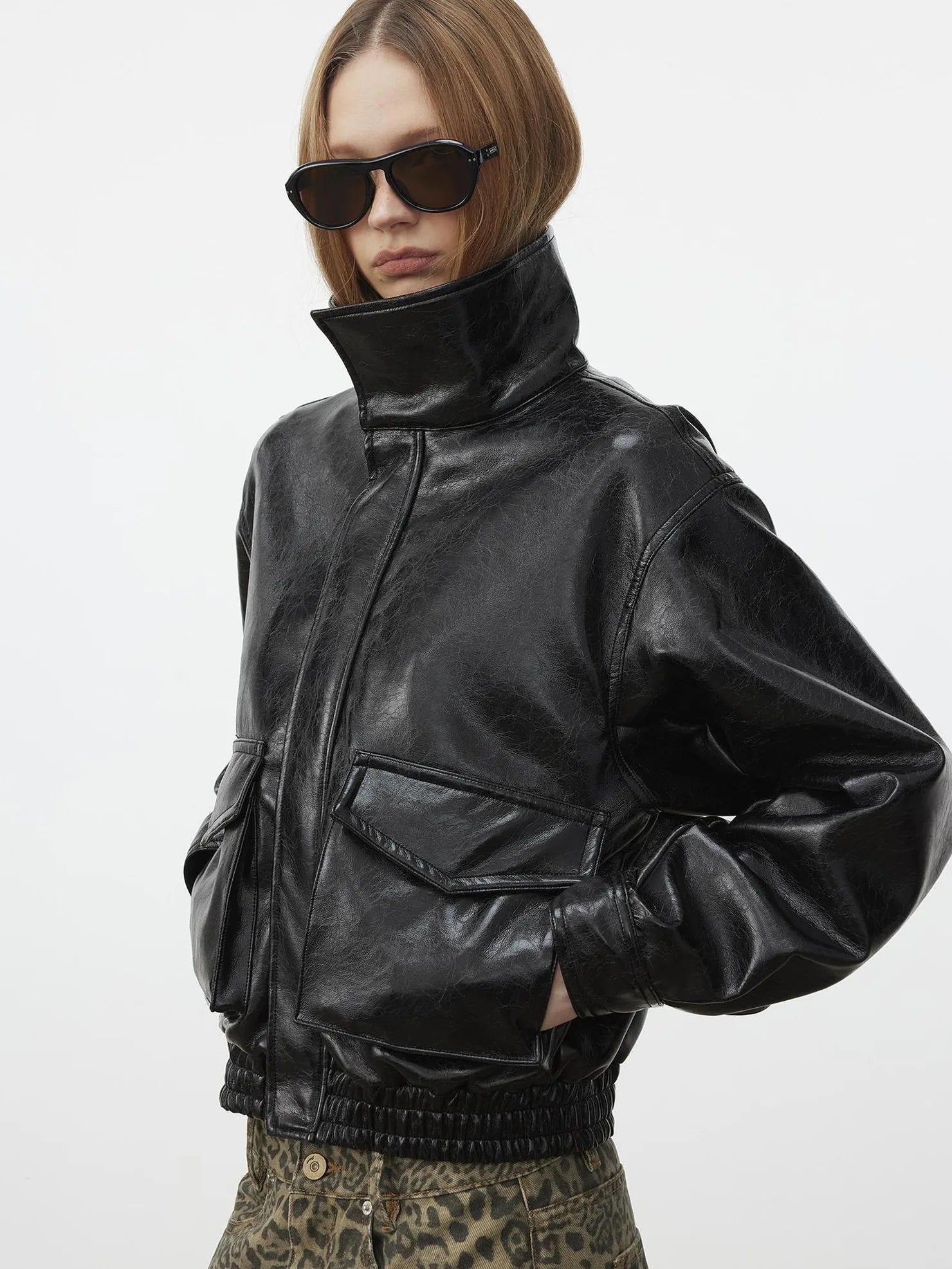 AFTADAWN Cracked Texture Quilted Pu Jacket Jacket