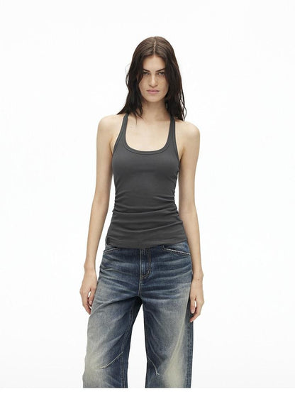 AFTADAWN Cropped Backless Beaded Ruched U Neck Slim Women&