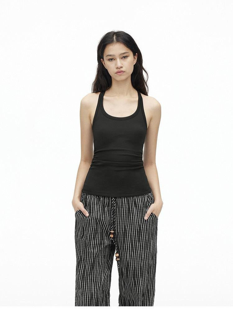 AFTADAWN Cropped Backless Beaded Ruched U Neck Slim Women&