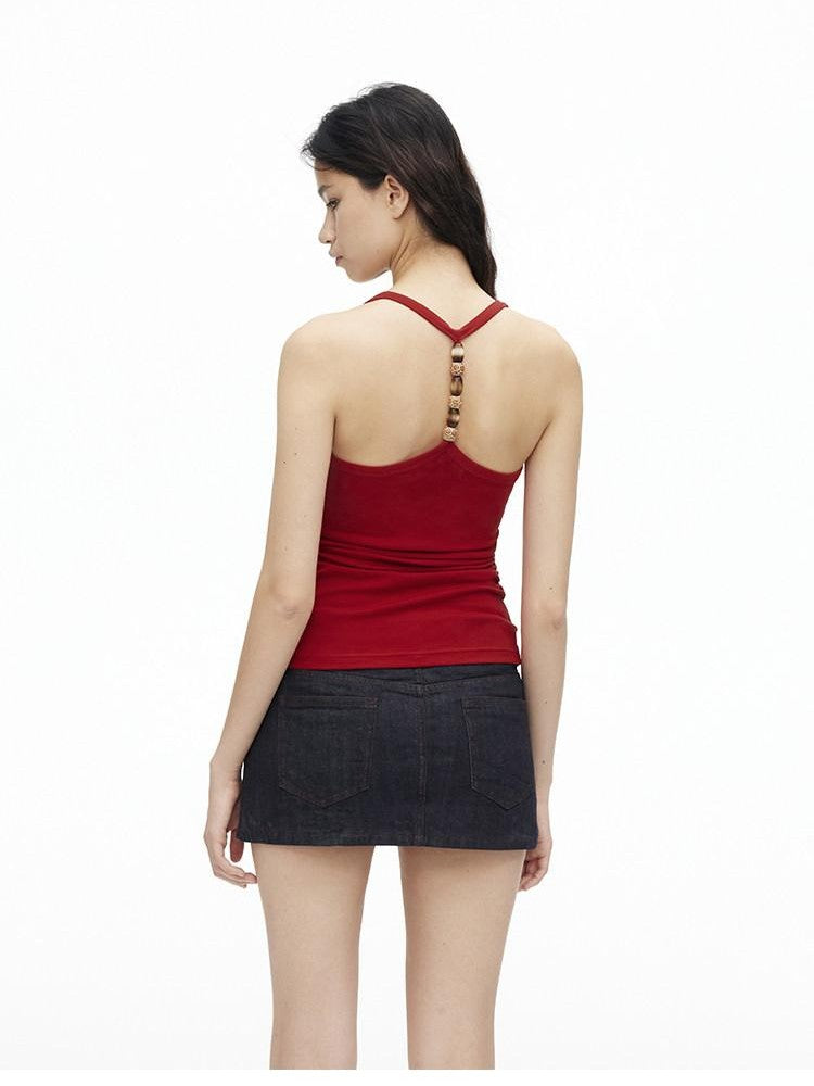 AFTADAWN Cropped Backless Beaded Ruched U Neck Slim Women&